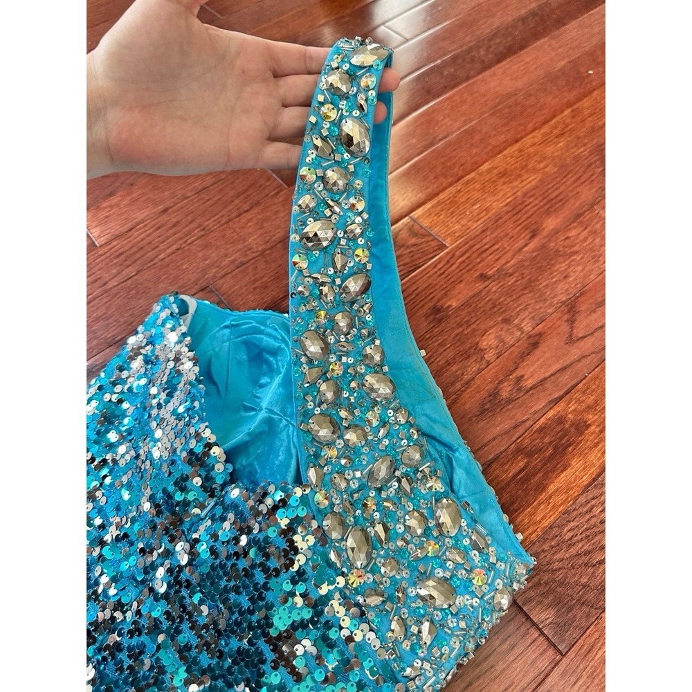 Tony Bowls Blue One Shoulder Fully Sequined Embellished Cocktail Party Dress - Picture 10 of 11